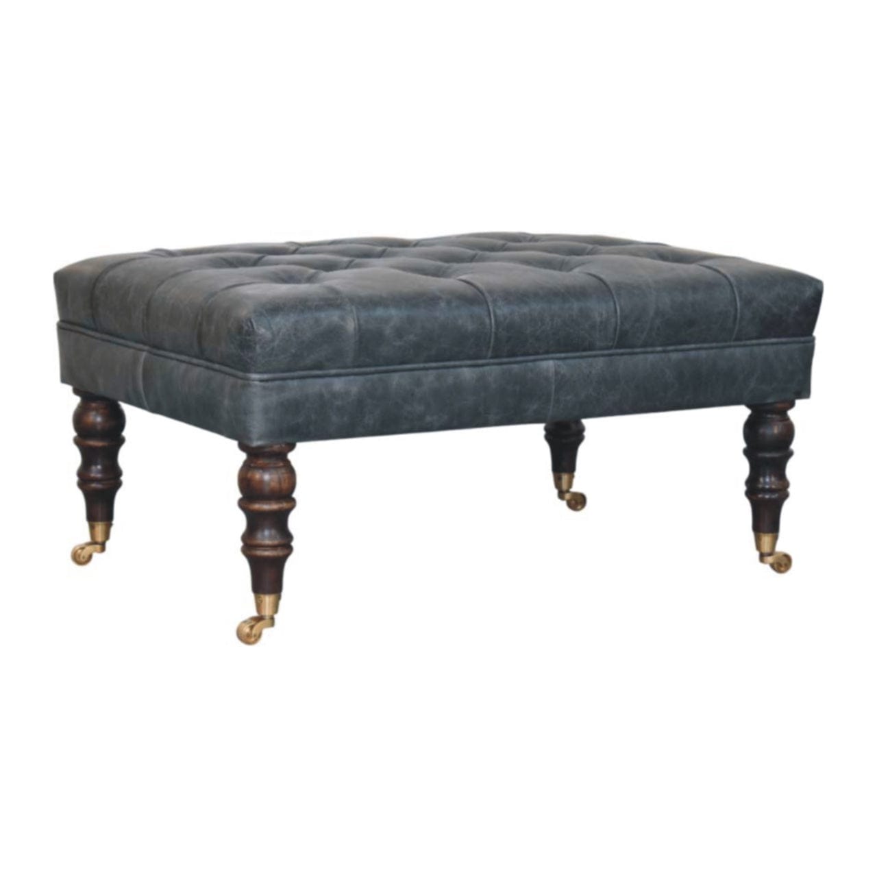 Buffalo Teal Leather Ottoman - Solid Mango Wood Accent Stool for Living Room - product view 2 showing handcrafted solid...
