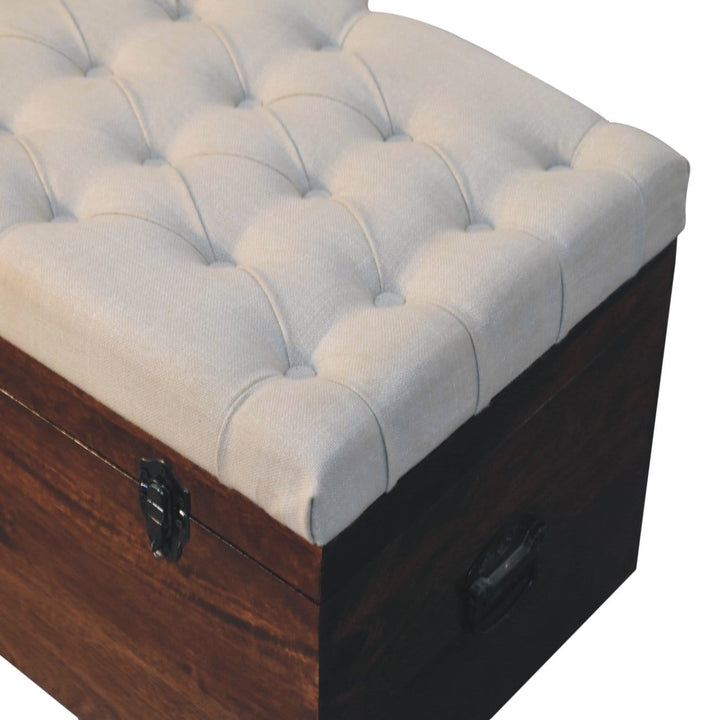 Mid-Century Modern California Walnut White Linen Storage Trunk - Solid Mango Wood Blanket Chest for Bedroom - product...