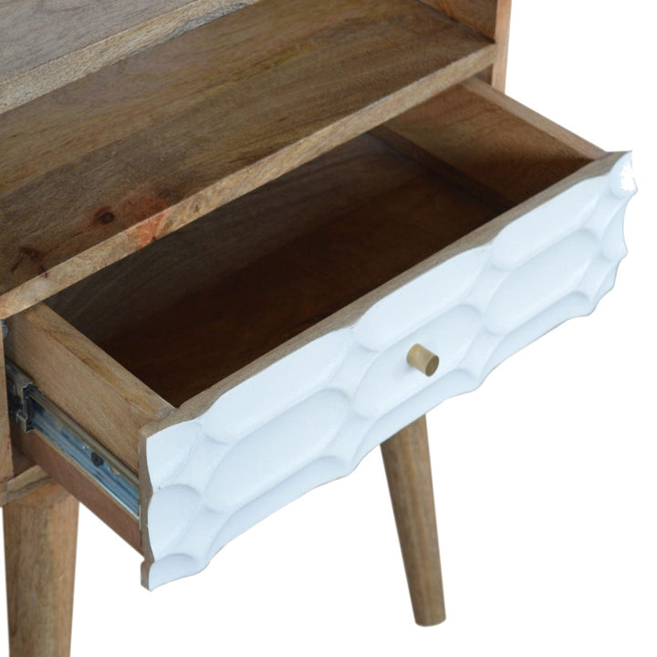 Mid-Century Modern Capsule Nightstand - Solid Mango Wood Bedside Table for Bedroom - product view 3 showing handcrafted...