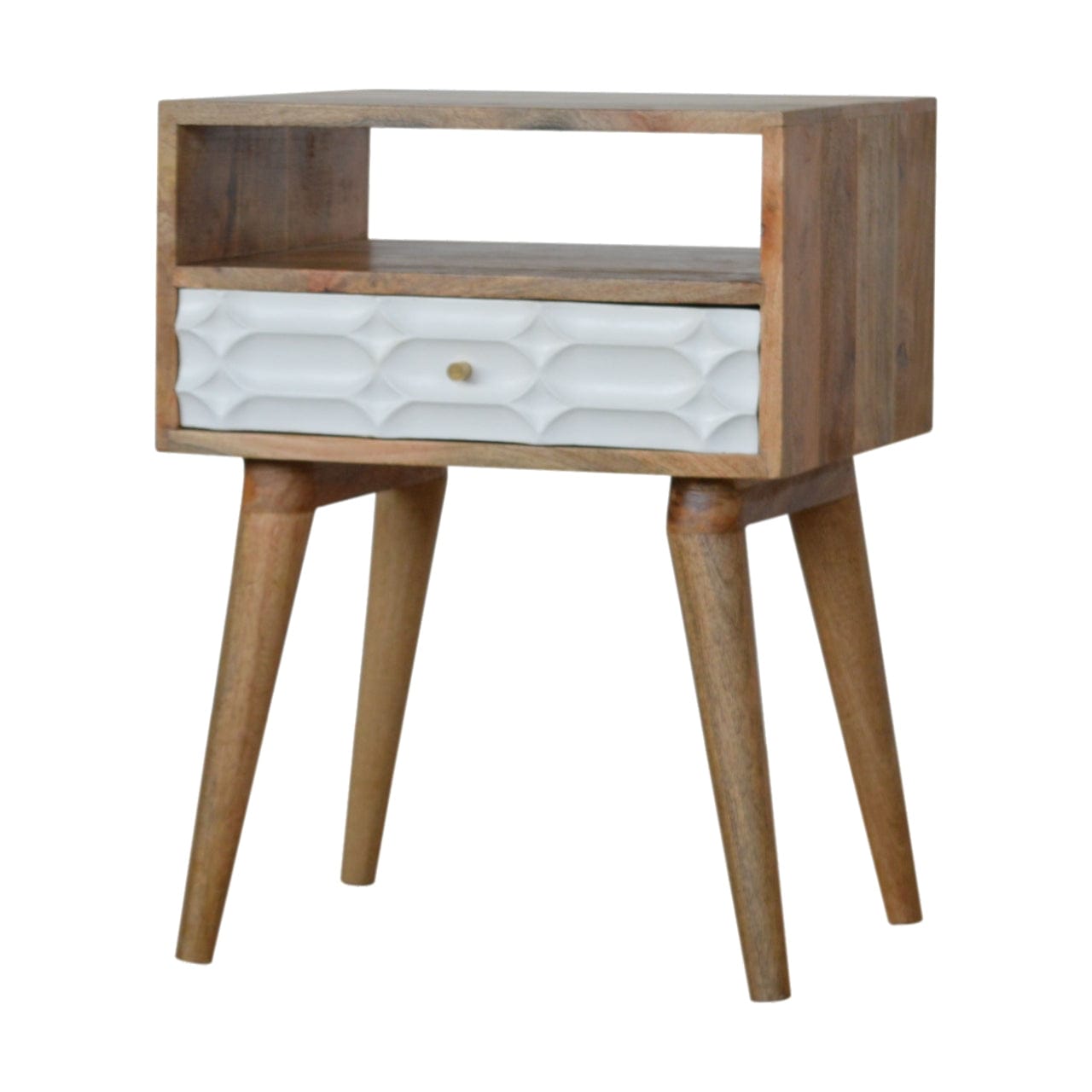 Mid-Century Modern Capsule Nightstand - Solid Mango Wood Bedside Table for Bedroom - main view showing handcrafted solid...