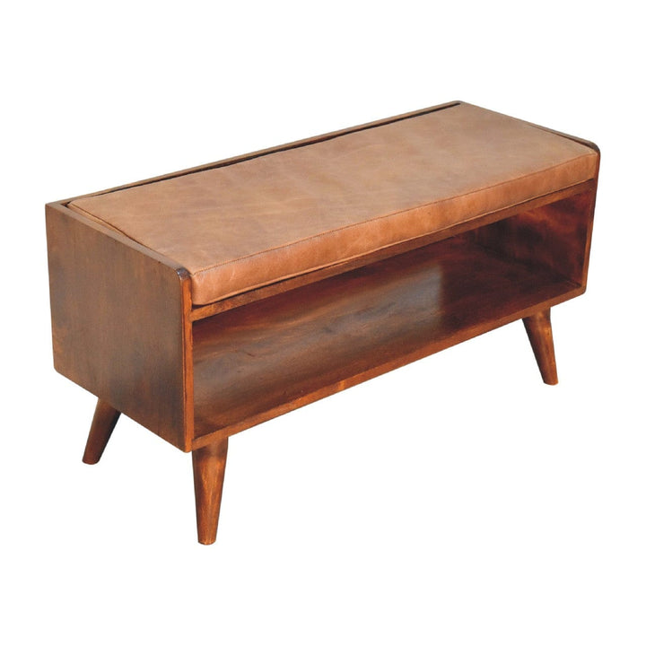 Mid-Century Modern Chestnut Bench - Solid Mango Wood Seating Furniture for Entryway - product view 6 showing handcrafted...