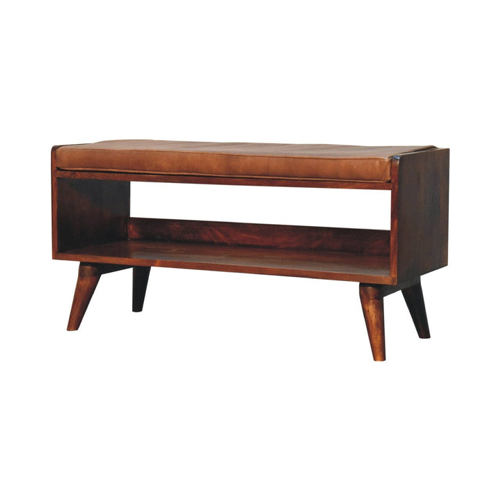 Mid-Century Modern Chestnut Bench - Solid Mango Wood Seating Furniture for Entryway - product view 3 showing handcrafted...
