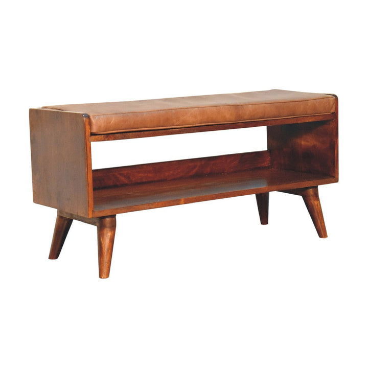 Mid-Century Modern Chestnut Bench - Solid Mango Wood Seating Furniture for Entryway - product view 2 showing handcrafted...