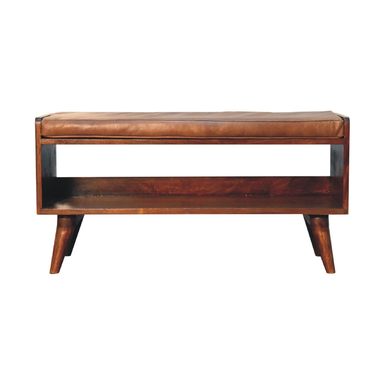 Mid-Century Modern Chestnut Bench - Solid Mango Wood Seating Furniture for Entryway - main view showing handcrafted solid...