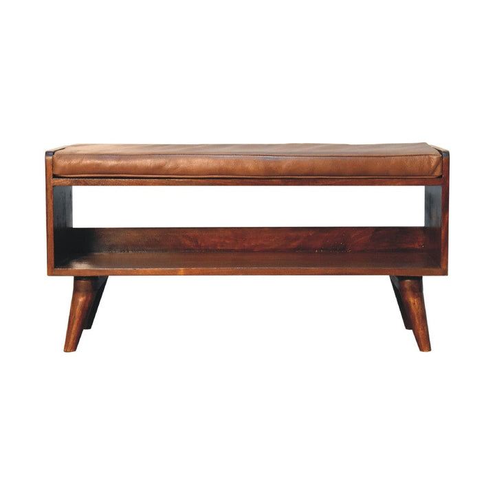 Mid-Century Modern Chestnut Bench - Solid Mango Wood Seating Furniture for Entryway - main view showing handcrafted solid...