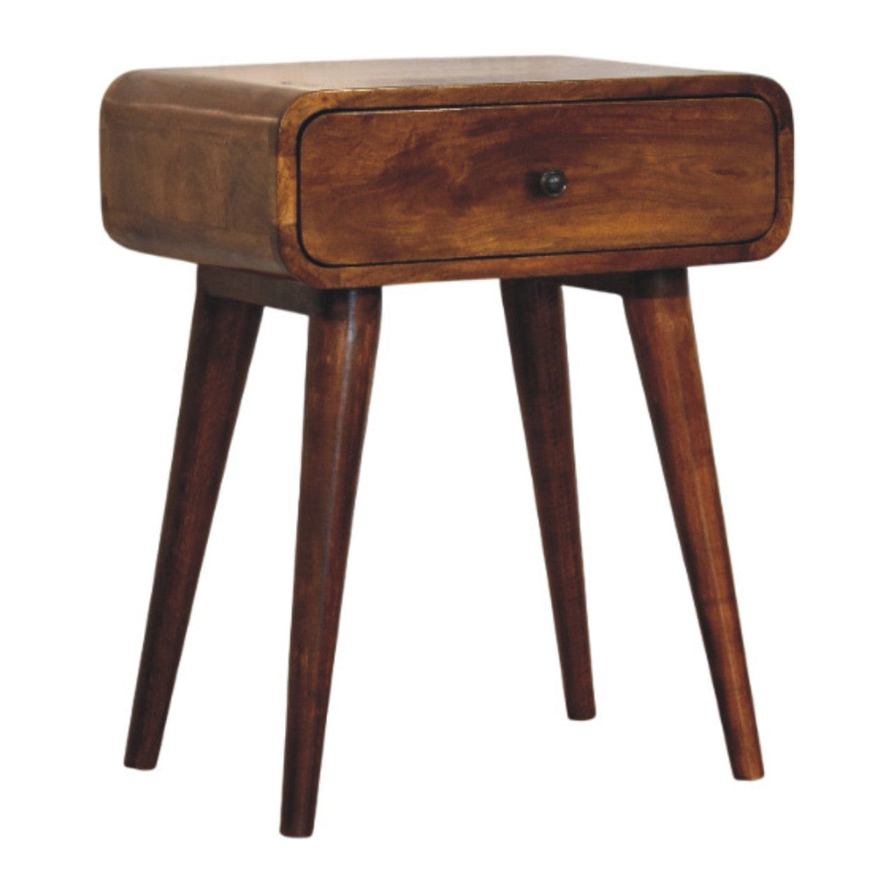 Mid-Century Modern Chestnut Nightstand - Solid Mango Wood Bedside Table for Bedroom - product view 3 showing handcrafted...