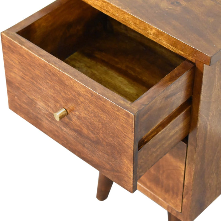 Mid-Century Modern Chestnut Nightstand - Solid Mango Wood Bedside Table for Bedroom - product view 6 showing handcrafted...