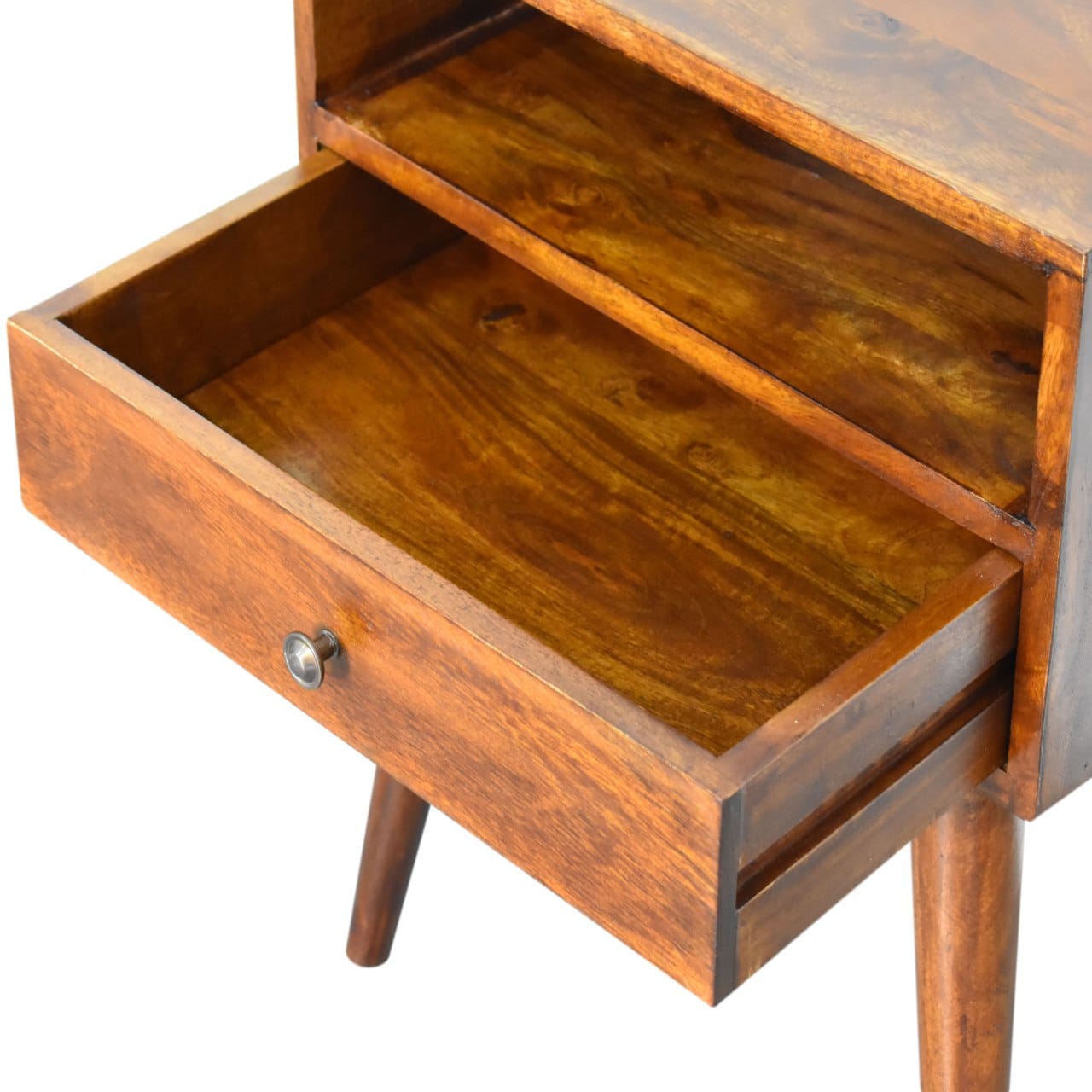 Mid-Century Modern Chestnut Solid Wood Nightstand - Solid Mango Wood Bedside Table for Bedroom - product view 7 showing...