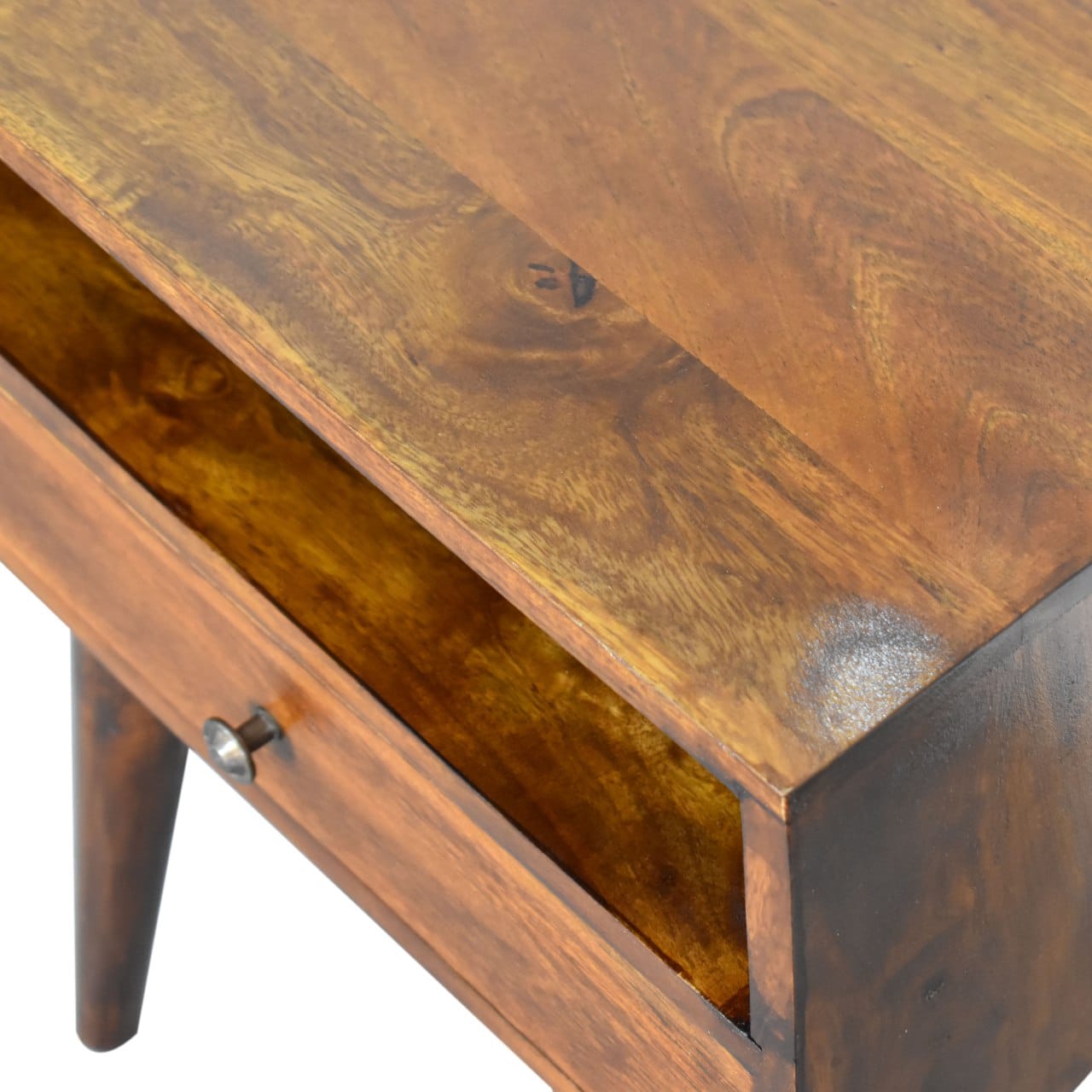 Mid-Century Modern Chestnut Solid Wood Nightstand - Solid Mango Wood Bedside Table for Bedroom - product view 6 showing...