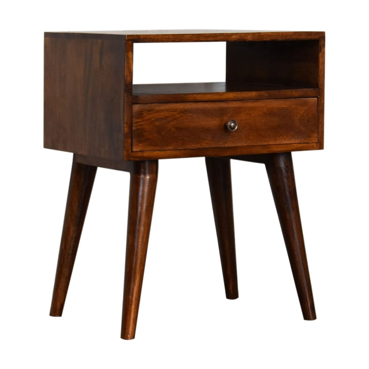 Mid-Century Modern Chestnut Solid Wood Nightstand - Solid Mango Wood Bedside Table for Bedroom - product view 4 showing...
