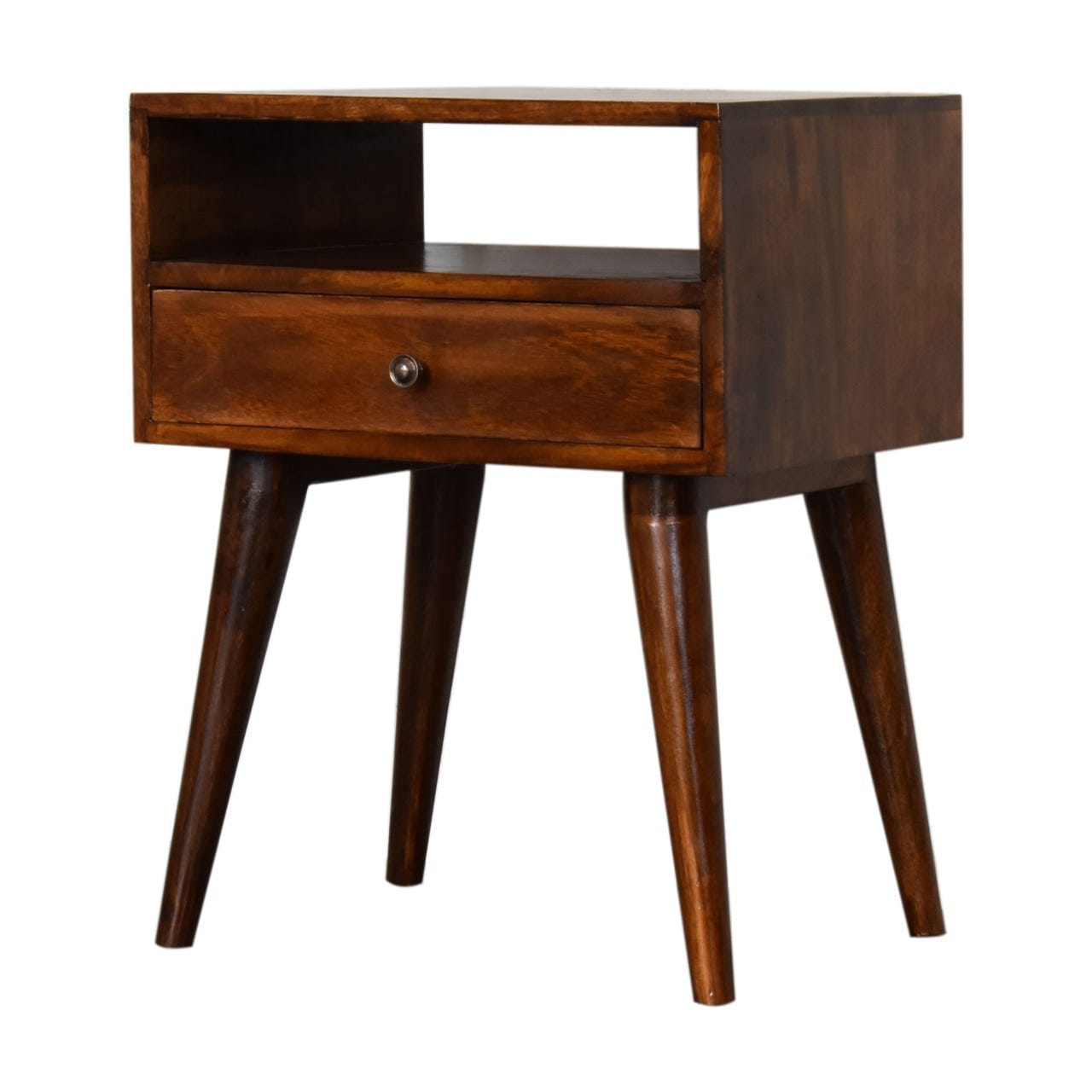 Mid-Century Modern Chestnut Solid Wood Nightstand - Solid Mango Wood Bedside Table for Bedroom - product view 3 showing...