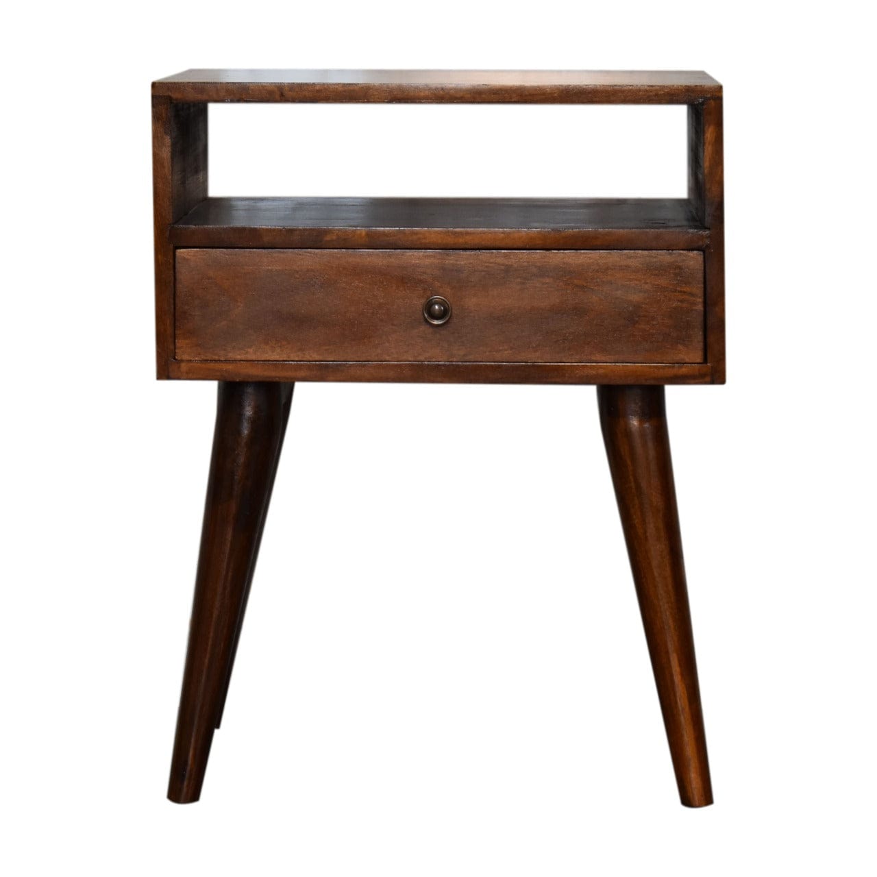 Mid-Century Modern Chestnut Solid Wood Nightstand - Solid Mango Wood Bedside Table for Bedroom - product view 2 showing...