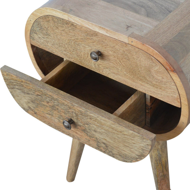 Mid-Century Modern Circular Nightstand - Solid Mango Wood Bedside Table for Bedroom - product view 4 showing handcrafted...