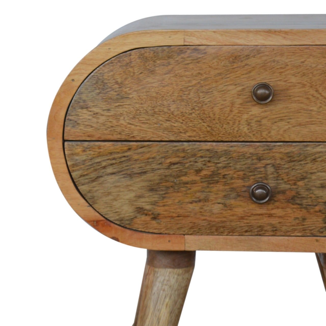 Mid-Century Modern Circular Nightstand - Solid Mango Wood Bedside Table for Bedroom - product view 3 showing handcrafted...