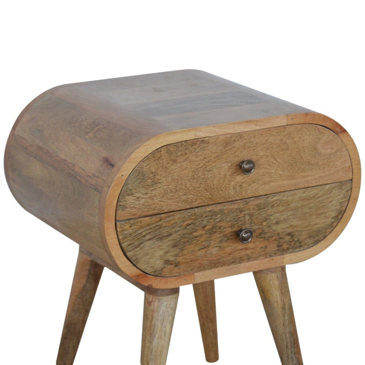 Mid-Century Modern Circular Nightstand - Solid Mango Wood Bedside Table for Bedroom - product view 2 showing handcrafted...