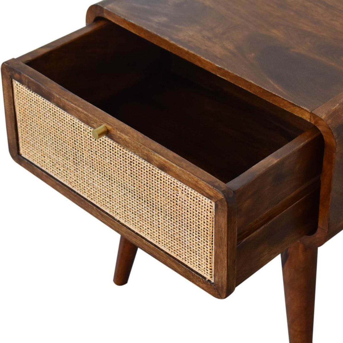 Mid-Century Modern Close-knit Chestnut Nightstand - Solid Mango Wood Bedside Table for Bedroom - product view 6 showing...