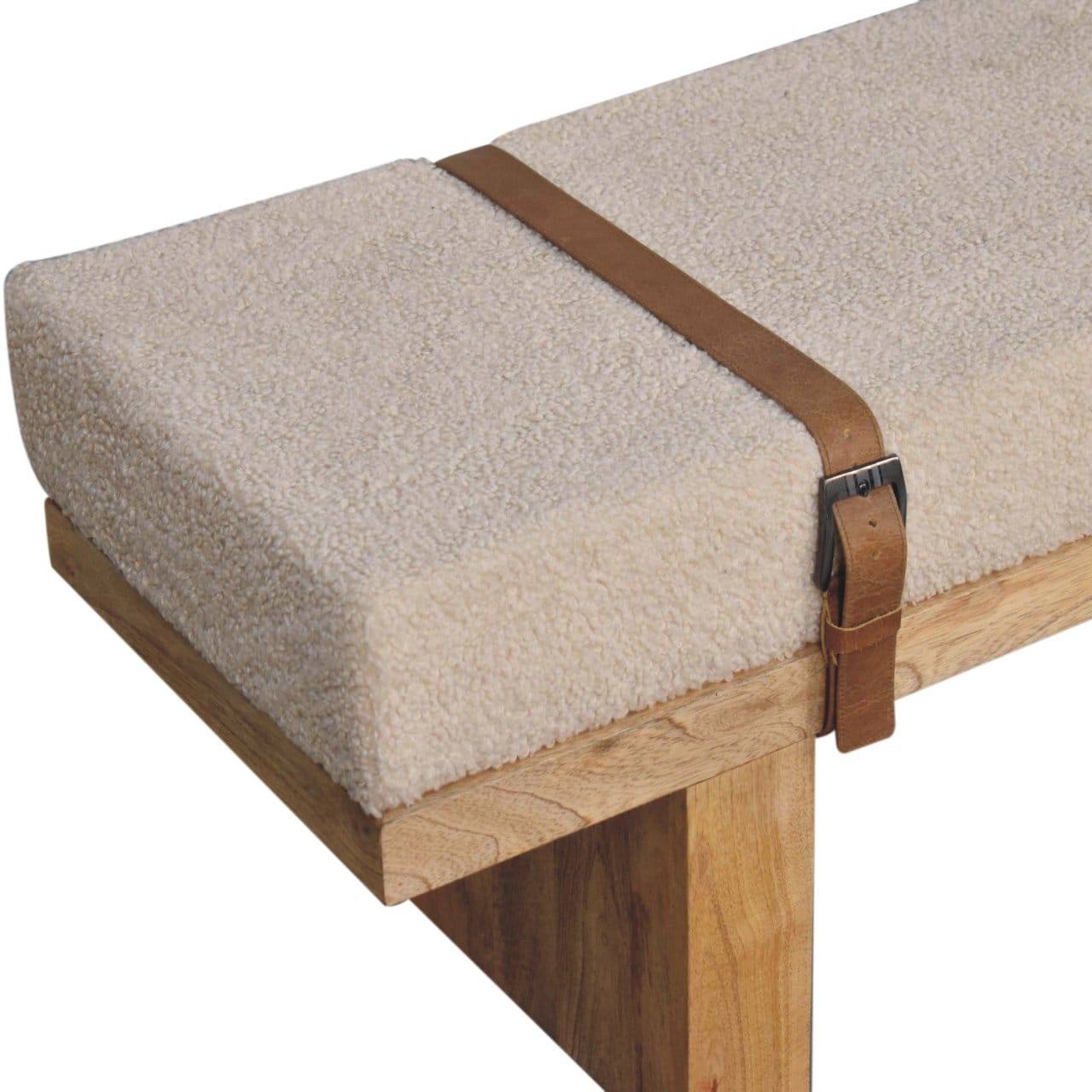 Mid-Century Modern Cream Boucle Bench - Solid Mango Wood Seating Furniture for Entryway - product view 8 showing...
