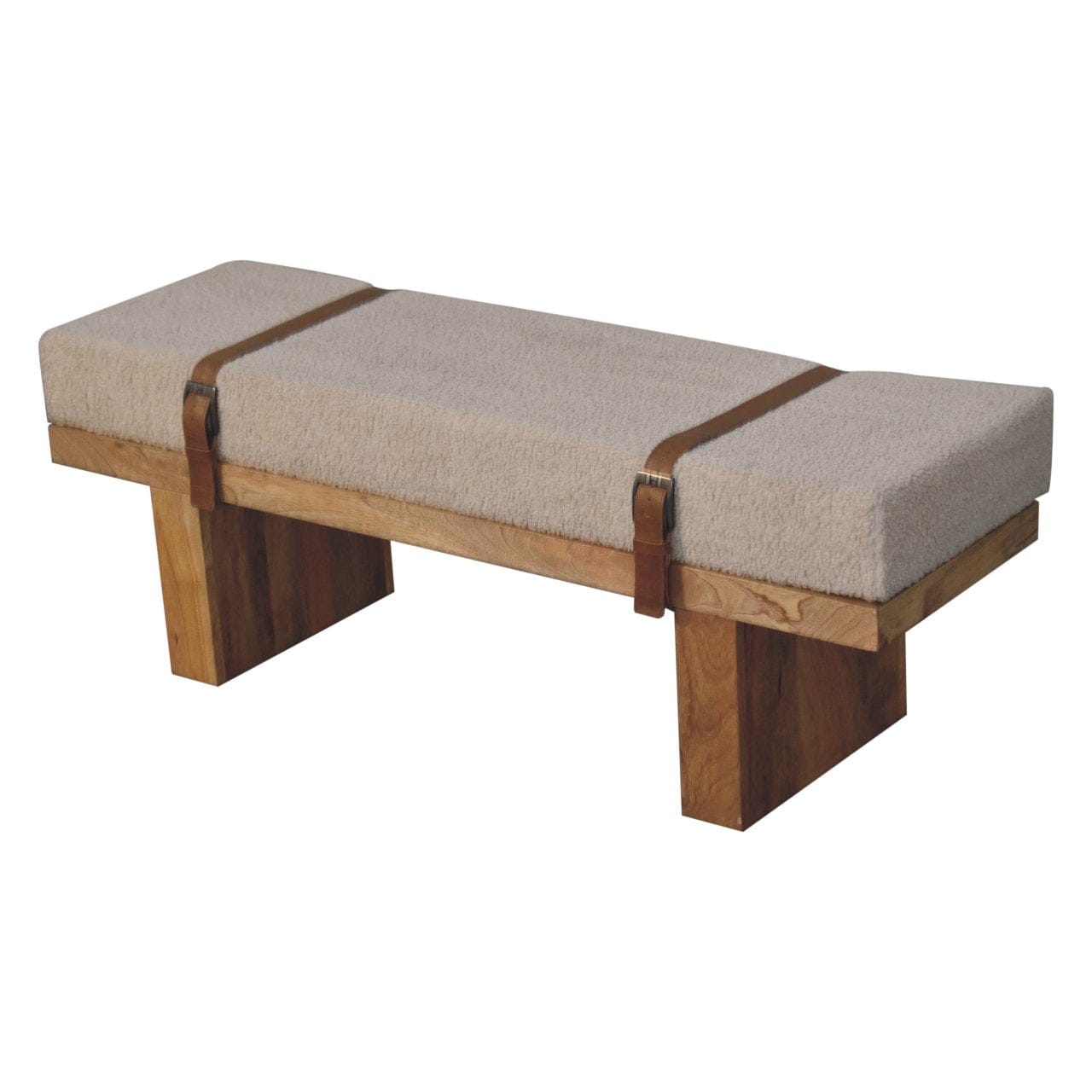 Mid-Century Modern Cream Boucle Bench - Solid Mango Wood Seating Furniture for Entryway - product view 7 showing...