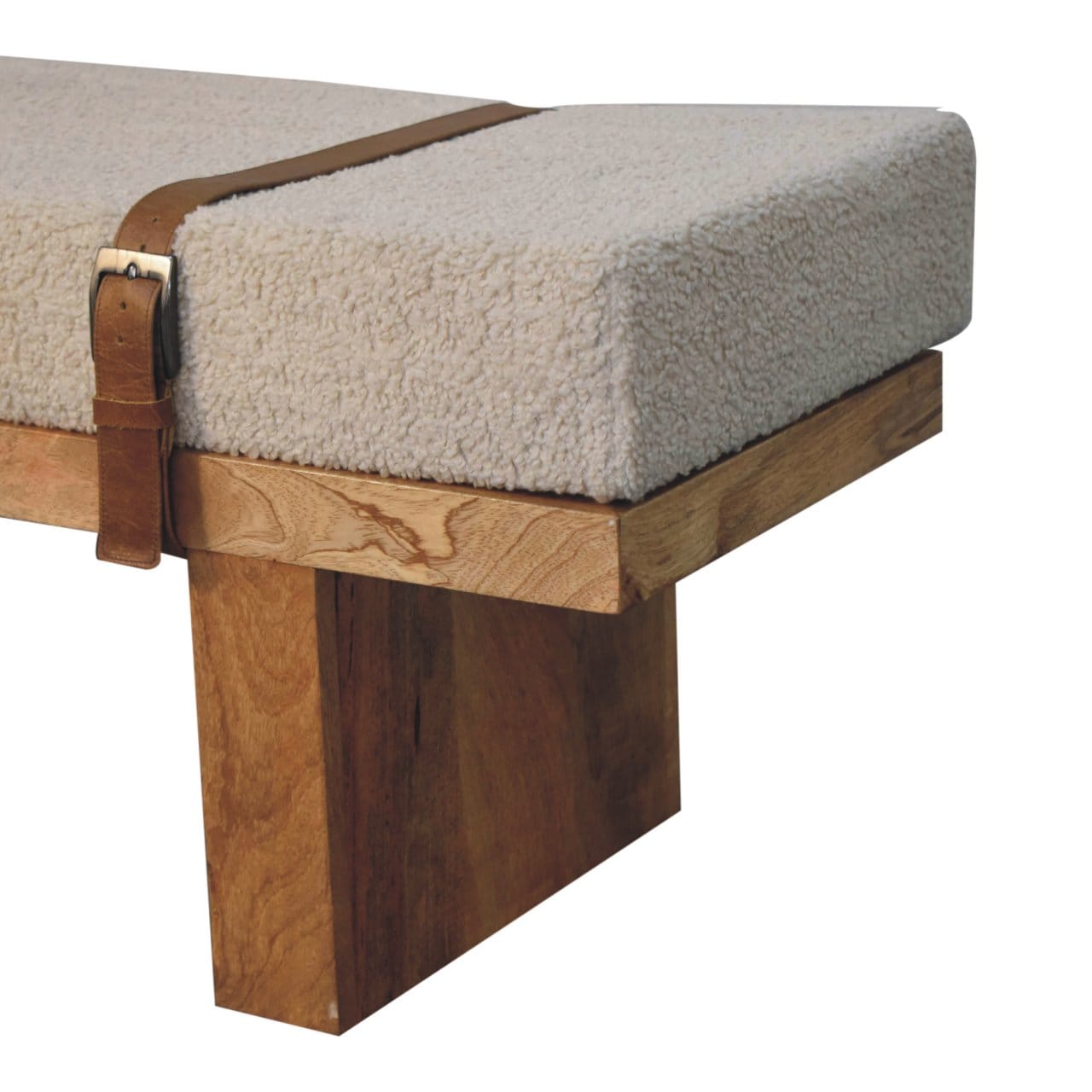 Mid-Century Modern Cream Boucle Bench - Solid Mango Wood Seating Furniture for Entryway - product view 6 showing...