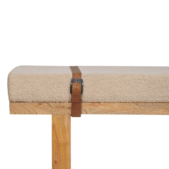 Mid-Century Modern Cream Boucle Bench - Solid Mango Wood Seating Furniture for Entryway - product view 5 showing...