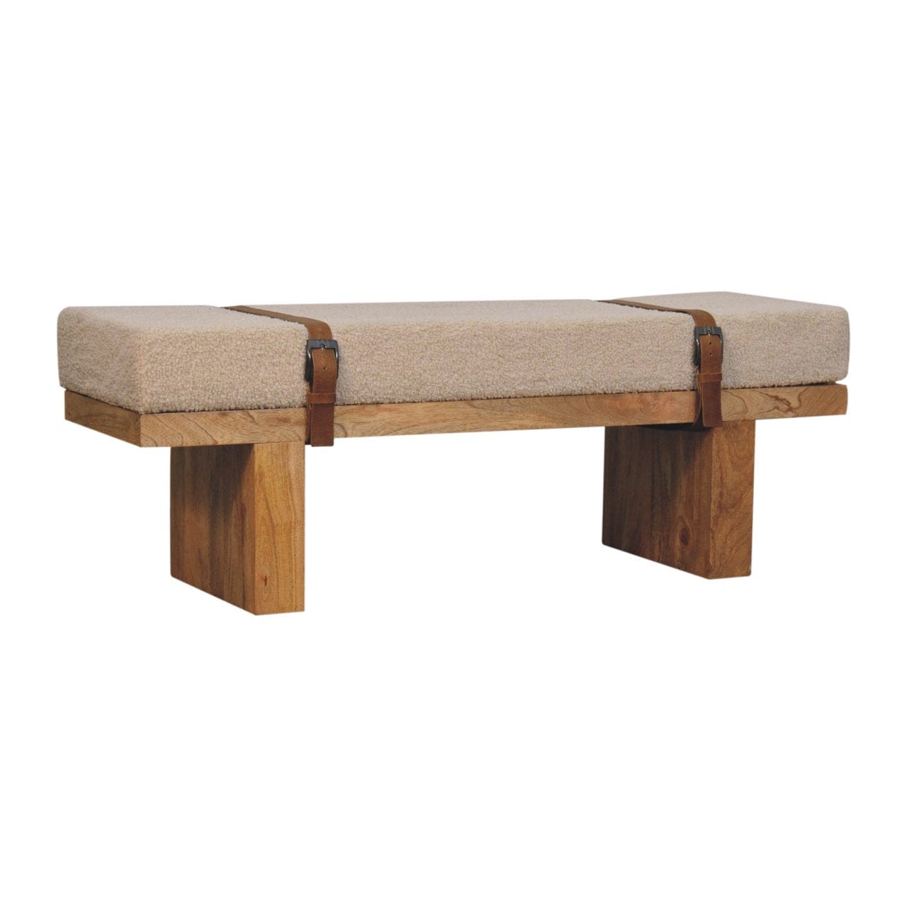 Mid-Century Modern Cream Boucle Bench - Solid Mango Wood Seating Furniture for Entryway - product view 4 showing...