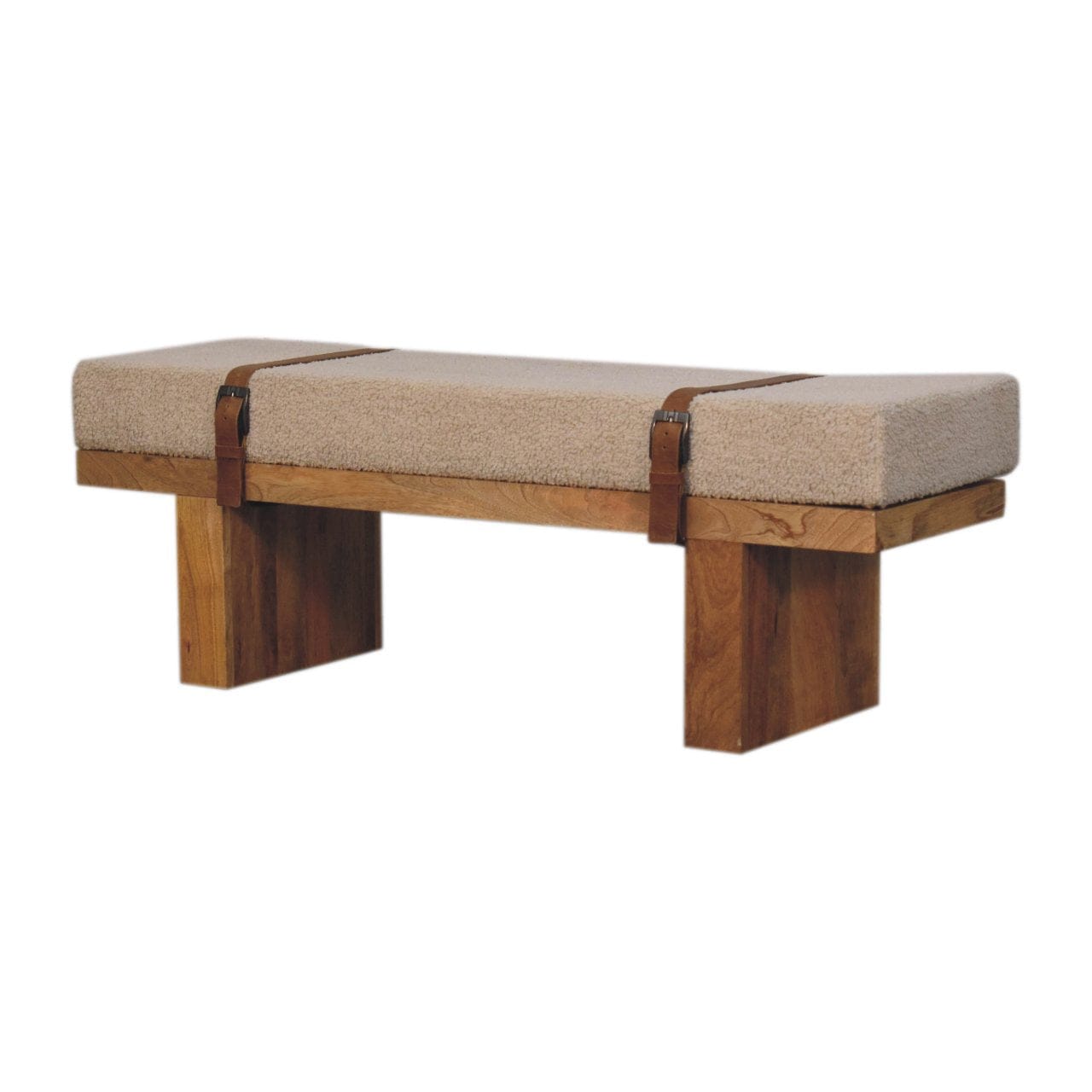 Mid-Century Modern Cream Boucle Bench - Solid Mango Wood Seating Furniture for Entryway - product view 3 showing...