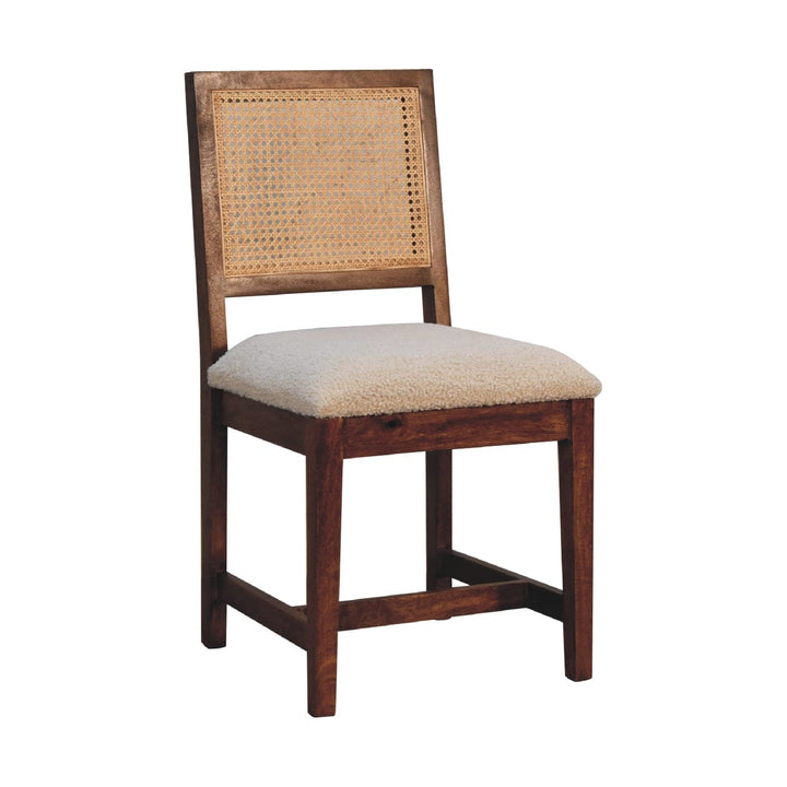 Cream Bouclé Rattan Dining Chair - Solid Mango Wood Chair - product view 3 showing handcrafted solid mango wood chair