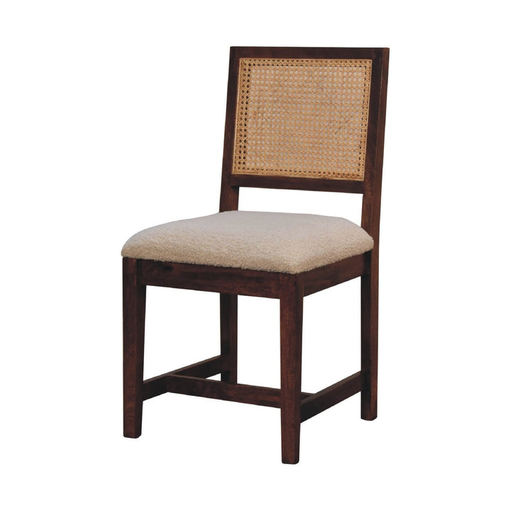 Cream Bouclé Rattan Dining Chair - Solid Mango Wood Chair - product view 2 showing handcrafted solid mango wood chair