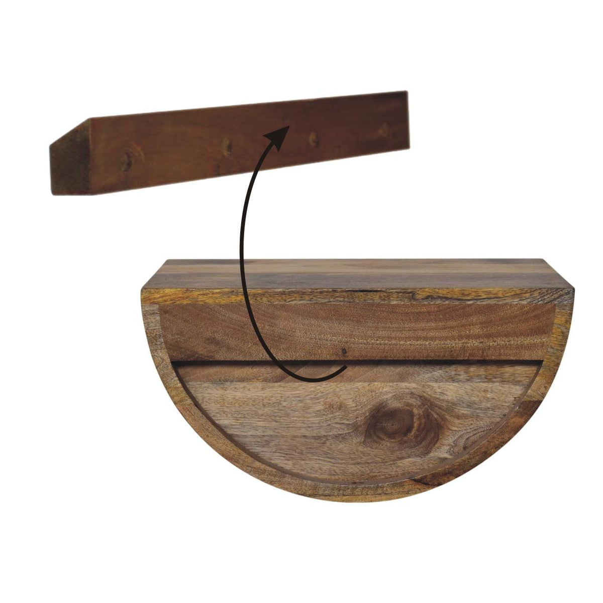 Farmhouse Crescent Floating Nightstand - Solid Mango Wood Bedside Table for Bedroom - product view 9 showing handcrafted...