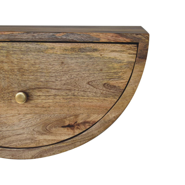Farmhouse Crescent Floating Nightstand - Solid Mango Wood Bedside Table for Bedroom - product view 6 showing handcrafted...
