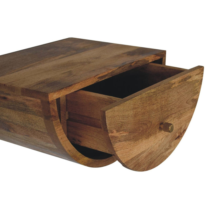 Farmhouse Crescent Floating Nightstand - Solid Mango Wood Bedside Table for Bedroom - product view 5 showing handcrafted...