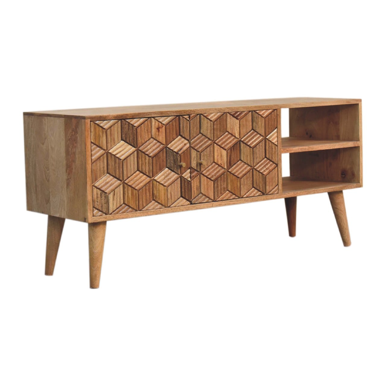 Mid-Century Modern Cubana TV Stand - Solid Mango Wood Entertainment Center for Living Room - product view 2 showing...