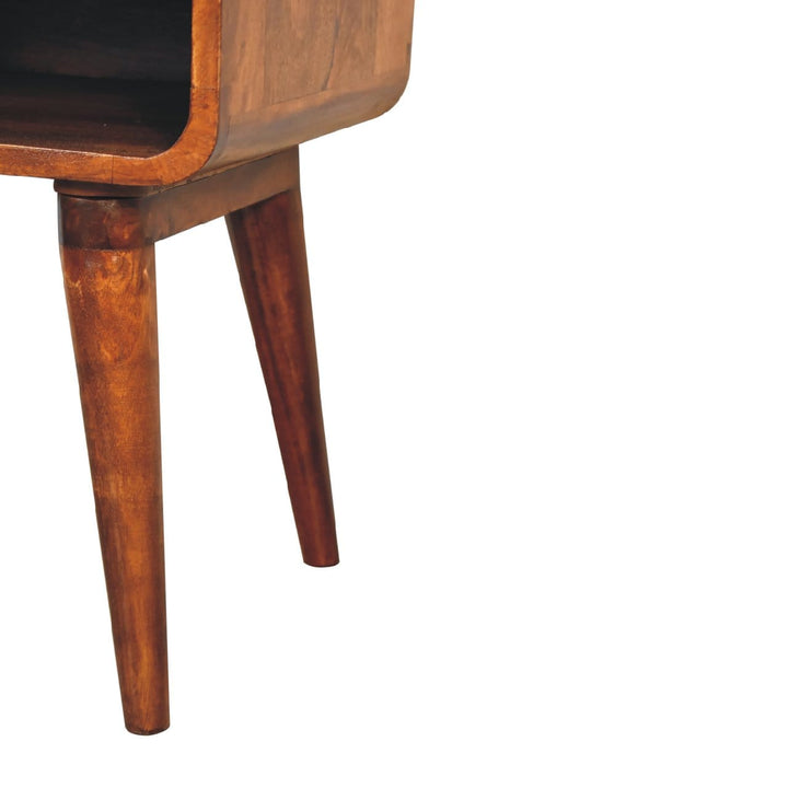Mid-Century Modern Curve Open Slot Chestnut Nightstand - Solid Mango Wood Bedside Table for Bedroom - product view 7...