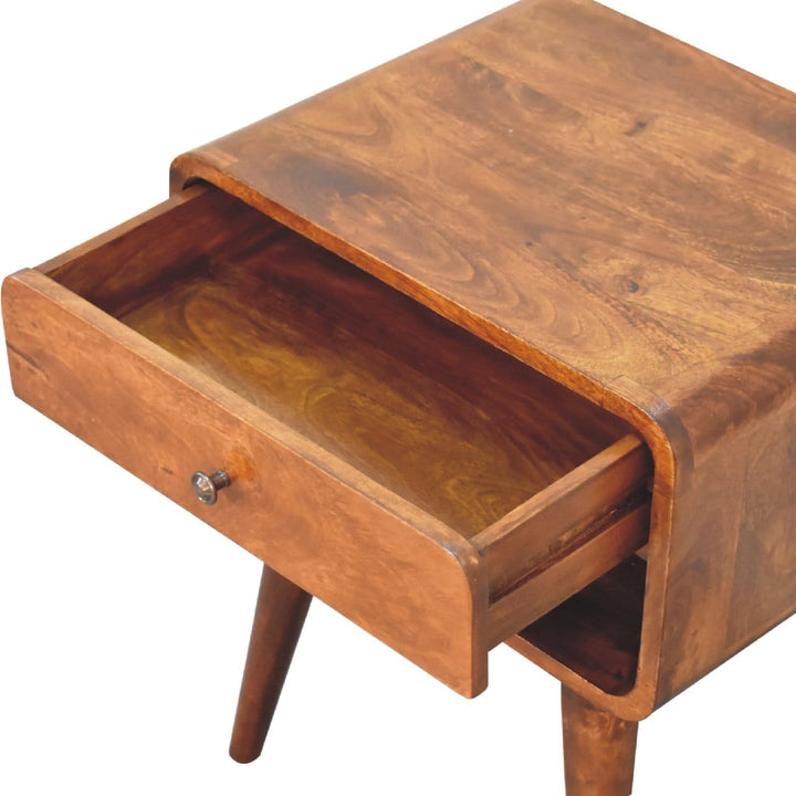 Mid-Century Modern Curve Open Slot Chestnut Nightstand - Solid Mango Wood Bedside Table for Bedroom - product view 6...