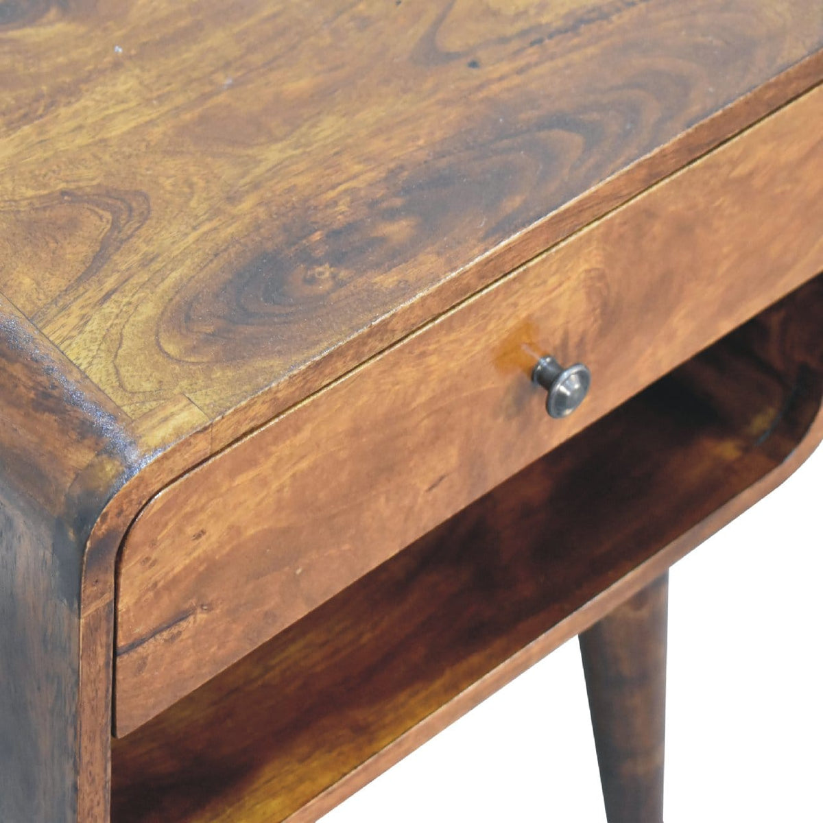 Mid-Century Modern Curve Open Slot Chestnut Nightstand - Solid Mango Wood Bedside Table for Bedroom - product view 5...