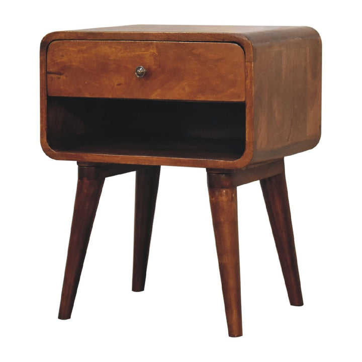 Mid-Century Modern Curve Open Slot Chestnut Nightstand - Solid Mango Wood Bedside Table for Bedroom - product view 3...