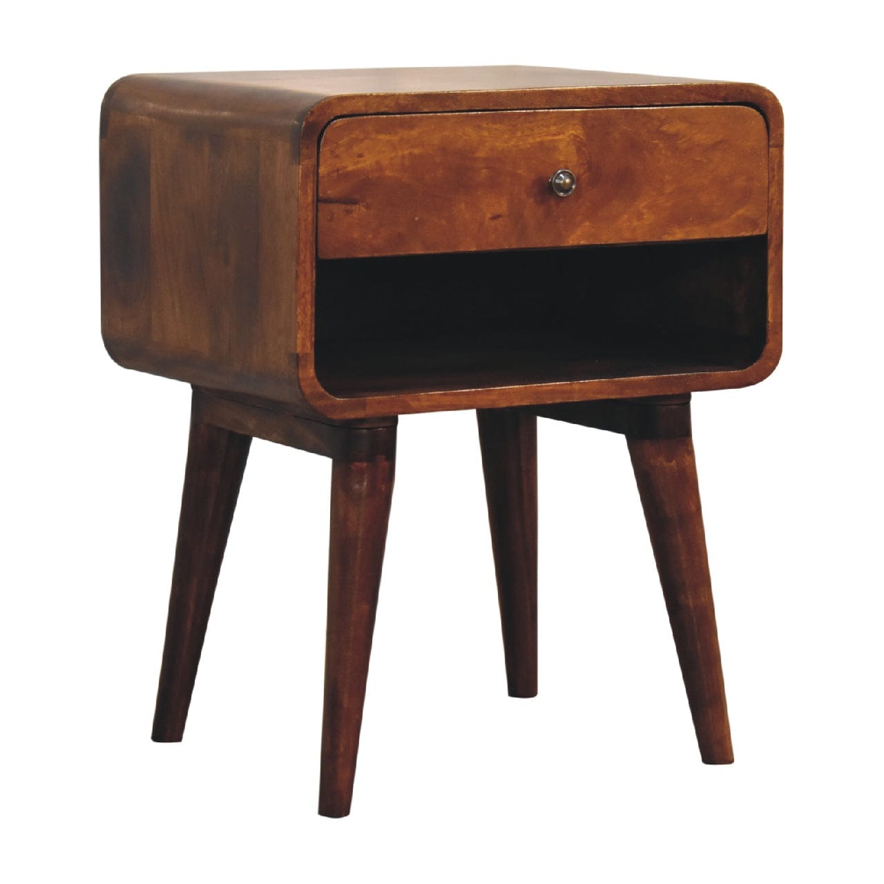 Mid-Century Modern Curve Open Slot Chestnut Nightstand - Solid Mango Wood Bedside Table for Bedroom - product view 2...