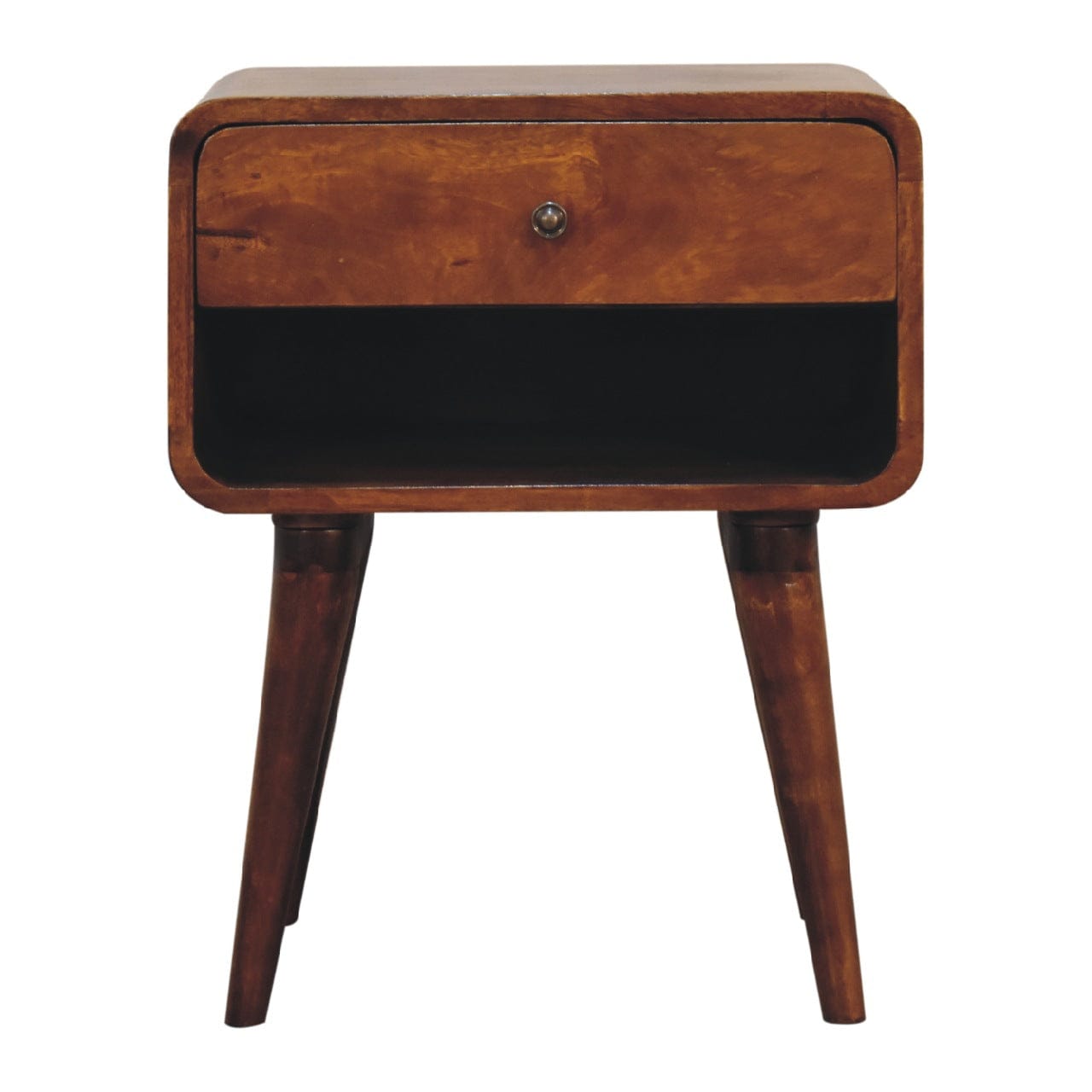 Mid-Century Modern Curve Open Slot Chestnut Nightstand - Solid Mango Wood Bedside Table for Bedroom - main view showing...