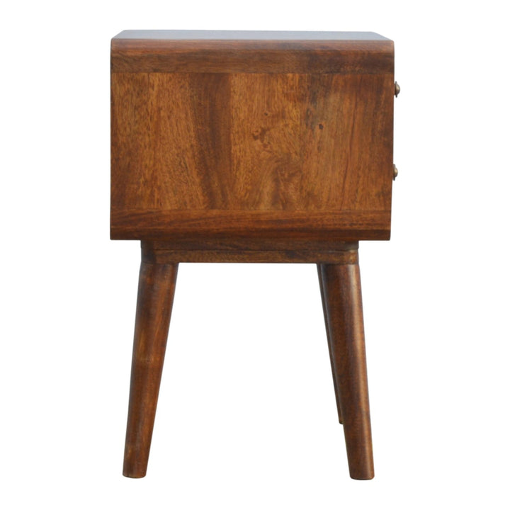 Mid-Century Modern Curved Chestnut Nightstand - Solid Mango Wood Bedside Table for Bedroom - product view 8 showing...