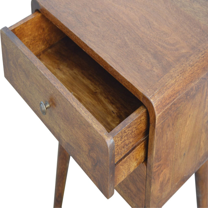 Mid-Century Modern Curved Chestnut Nightstand - Solid Mango Wood Bedside Table for Bedroom - product view 7 showing...