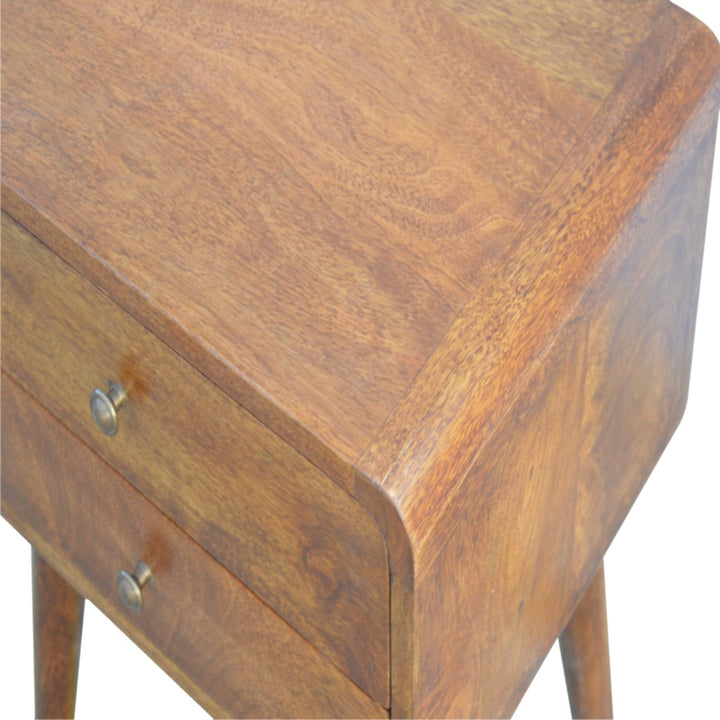 Mid-Century Modern Curved Chestnut Nightstand - Solid Mango Wood Bedside Table for Bedroom - product view 4 showing...