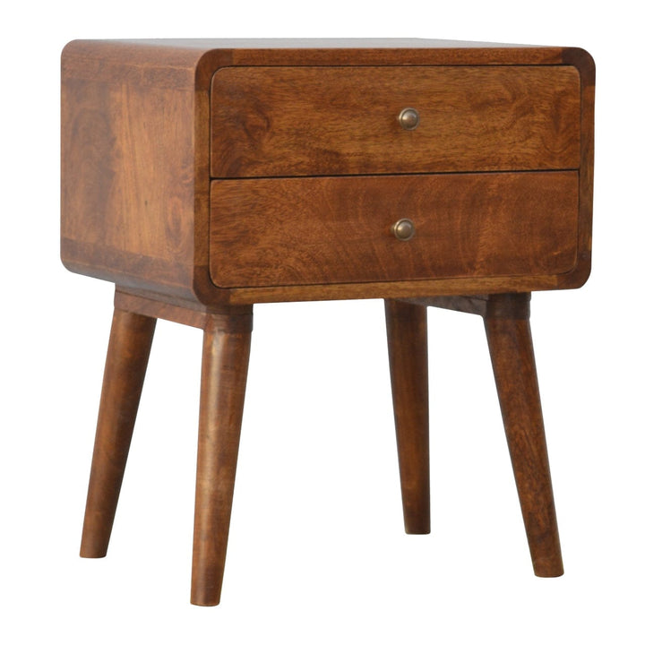 Mid-Century Modern Curved Chestnut Nightstand - Solid Mango Wood Bedside Table for Bedroom - product view 3 showing...