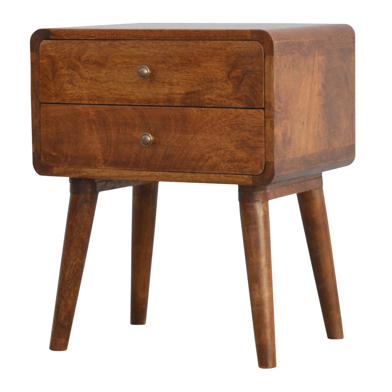 Mid-Century Modern Curved Chestnut Nightstand - Solid Mango Wood Bedside Table for Bedroom - product view 2 showing...