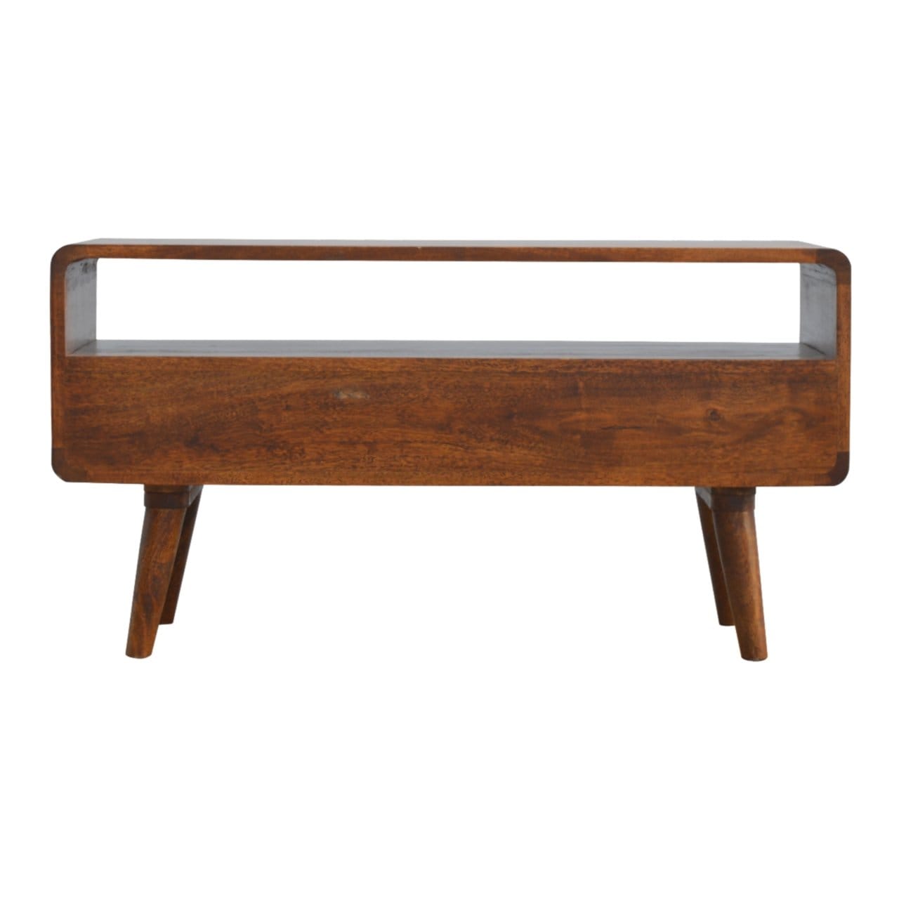 Mid-Century Modern Curved Chestnut TV Stand - Solid Mango Wood Entertainment Center for Living Room - product view 9...