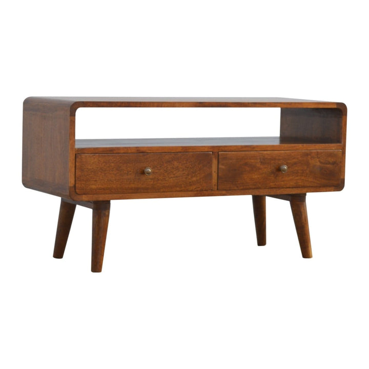 Mid-Century Modern Curved Chestnut TV Stand - Solid Mango Wood Entertainment Center for Living Room - product view 3...