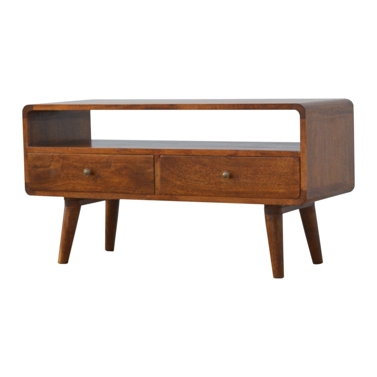 Mid-Century Modern Curved Chestnut TV Stand - Solid Mango Wood Entertainment Center for Living Room - product view 2...