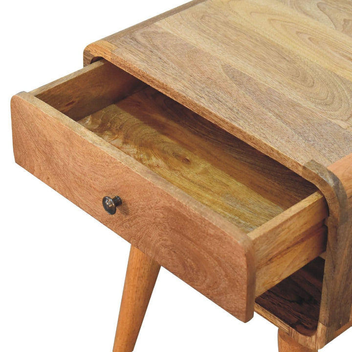 Mid-Century Modern Curved Oak-ish Open Nightstand - Solid Mango Wood Bedside Table for Bedroom - product view 6 showing...