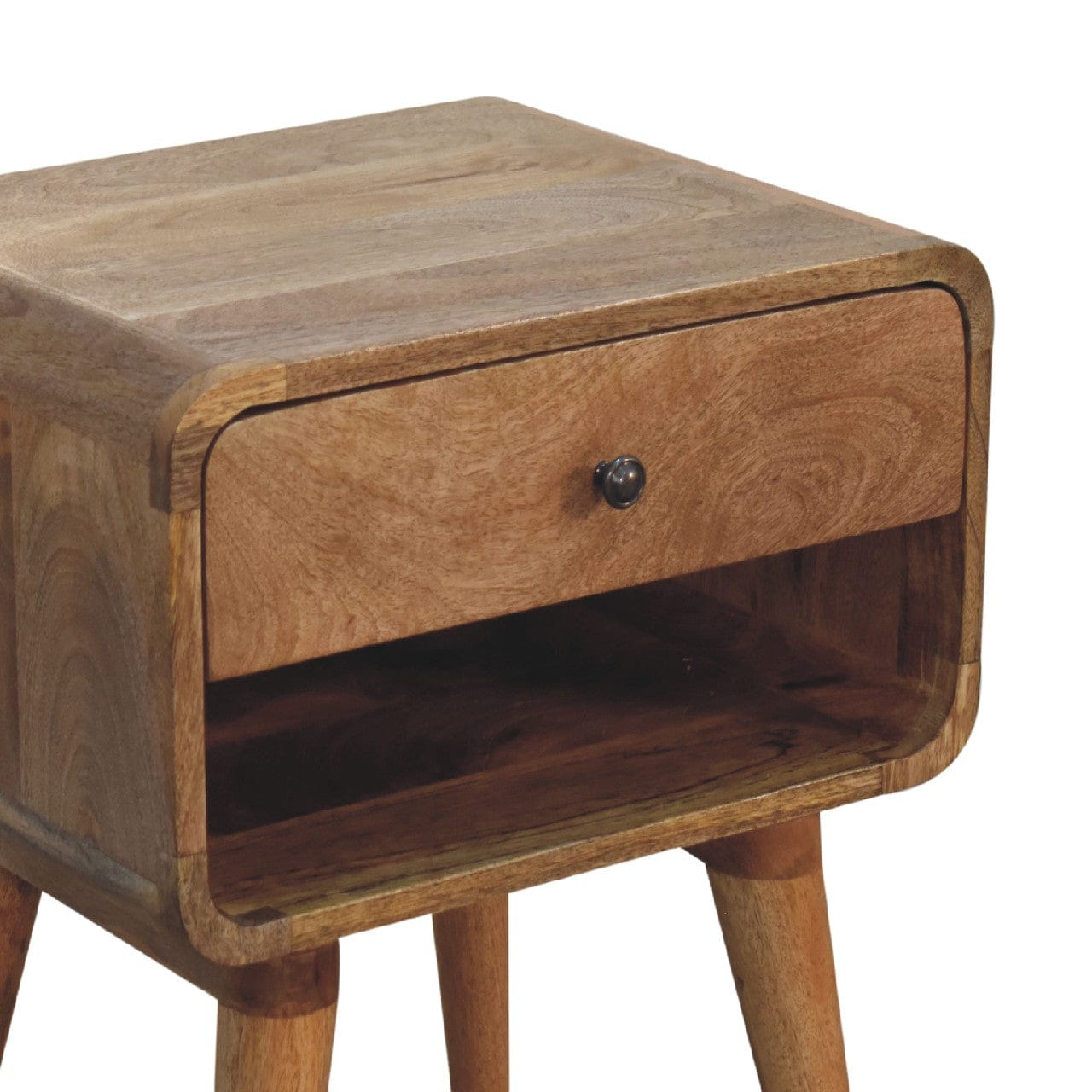 Mid-Century Modern Curved Oak-ish Open Nightstand - Solid Mango Wood Bedside Table for Bedroom - product view 5 showing...