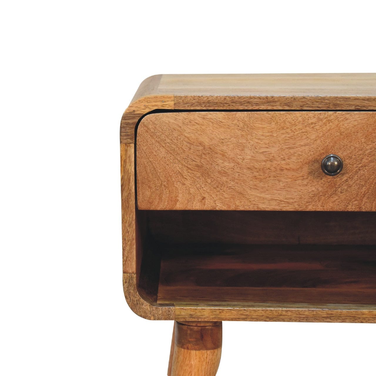 Mid-Century Modern Curved Oak-ish Open Nightstand - Solid Mango Wood Bedside Table for Bedroom - product view 4 showing...
