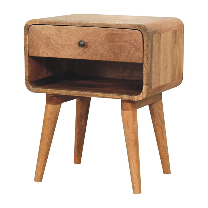 Mid-Century Modern Curved Oak-ish Open Nightstand - Solid Mango Wood Bedside Table for Bedroom - product view 3 showing...